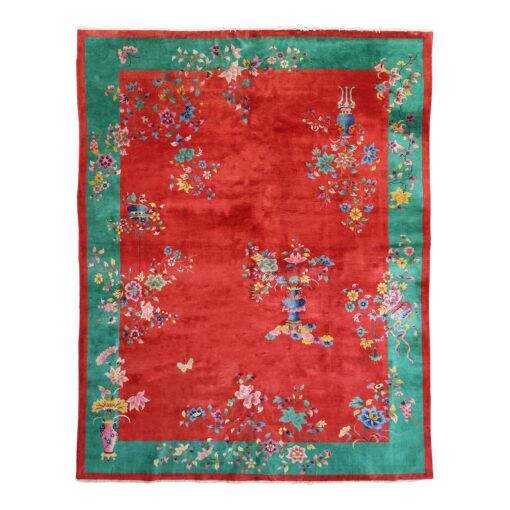 1920s Ruby Red and Emerald Green Floral Vintage Chinese Art Deco Rug 8'10" X 11'04" - Image 2