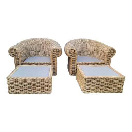 1970s Vintage Mid-Century Modern Grand Scale Pair Rattan Sculptural Barrel Back Rolled Armchairs and Matching Ottomans - Image 2