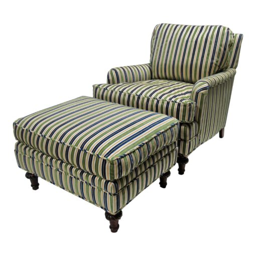 1990s English Traditional Down & Feather Blue and Green Striped Club Chair & Ottoman Set -2 Pieces - Image 2
