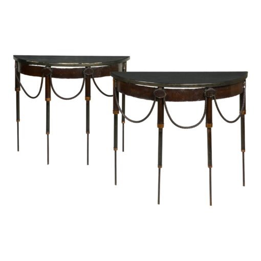 A Pair of Steampunk Iron and Faux Marble Demi-Lune Tables - Image 2