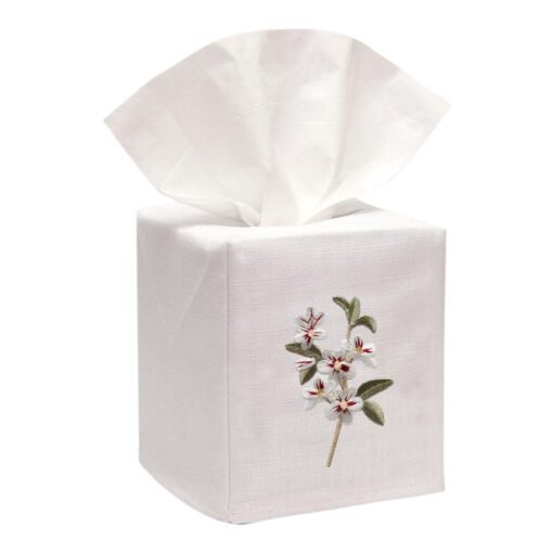 Apple Blossom Tissue Box Cover in White Linen & Cotton, Embroidered - Image 2