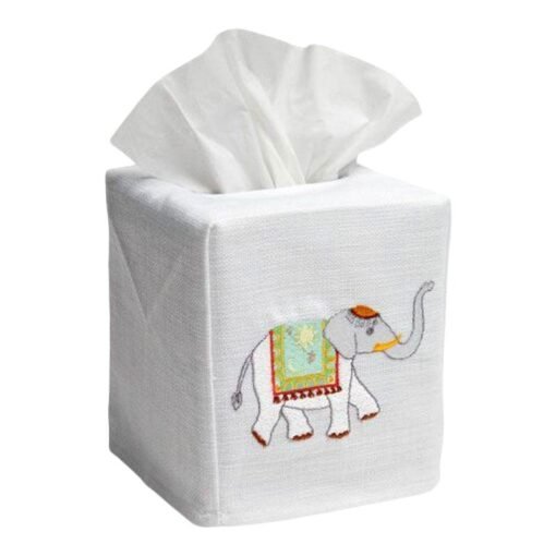 Aqua Elephant Tissue Box Cover in White Linen & Cotton, Embroidered - Image 2