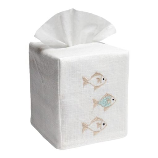 Aqua/Beige School of Fish Tissue Box Cover in White Linen & Cotton, Embroidered - Image 2