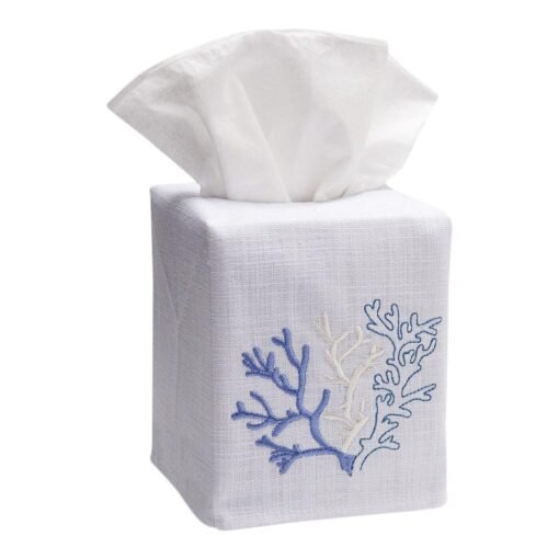 Blue Coral Tissue Box Cover in White Linen & Cotton, Embroidered - Image 2