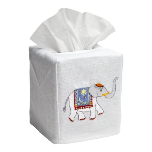 Blue Elephant Tissue Box Cover in White Linen & Cotton, Embroidered - Image 2