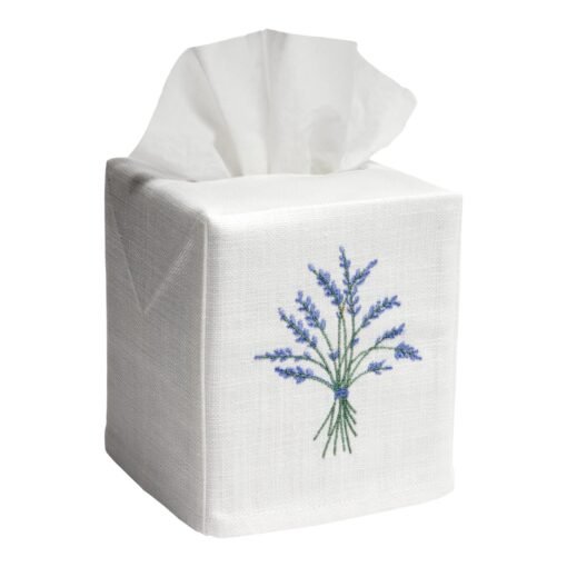 Blue Heather Tissue Box Cover in White Linen / Cotton, Embroidered - Image 2