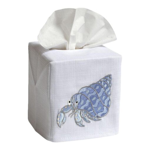 Blue Hermit Crab Tissue Box Cover in White Linen & Cotton, Embroidered