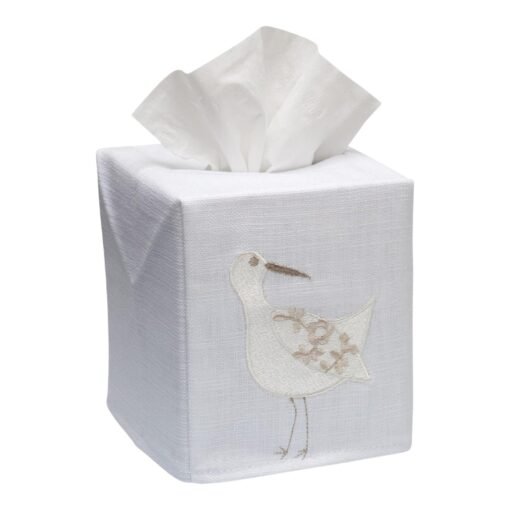 Cream Sand Piper Tissue Box Cover in White Linen & Cotton, Embroidered - Image 2