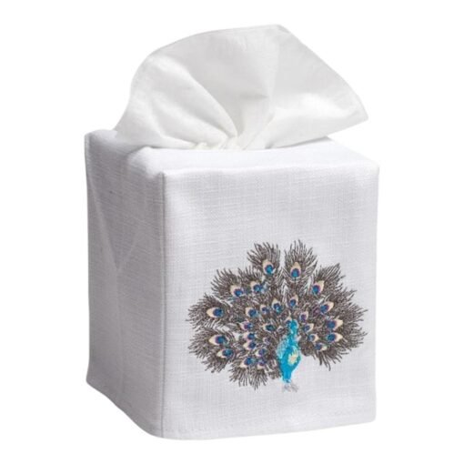 Feathered Peacock Tissue Box Cover in White Linen & Cotton, Embroidered - Image 2