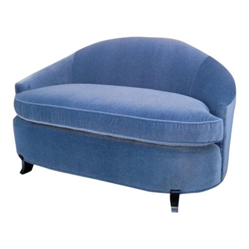 Mid 20th Century Vintage Modern Deco Curved Settee Styled After Interior Crafts Newly Upholstered in a Plush "Ice-Blu" Italian Mohair - Image 2