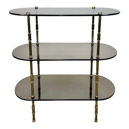 Mid Century French Regency Modern 3-Tier Brass and Smoked Glass Table / Shelf / Bar - Image 2