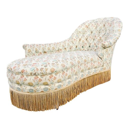 Napoleon III French Floral Tufted Chaise Lounge With Fringe