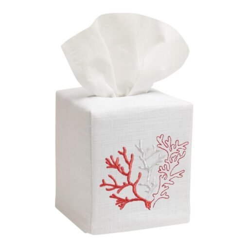 Red Coral Tissue Box Cover White Linen & Cotton, Embroidered - Image 2