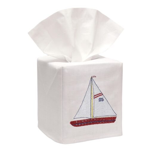 Red Sailboat Tissue Box Cover White Linen & Cotton, Embroidered