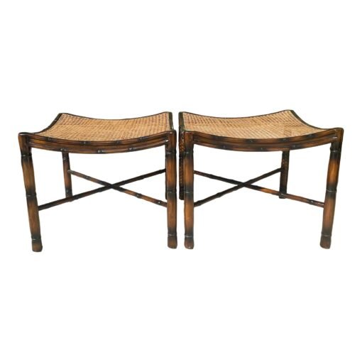 Regency Style Faux Bamboo Caned & Curved Ottoman Stools - a Pair - Image 2