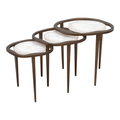 Set of 3 Nesting Tables in White Quartz With Bronze Patina Brass by R&y Augousti