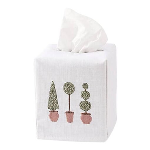 Three Tree Topiary Tissue Box Cover White Linen & Cotton, Embroidered - Image 2