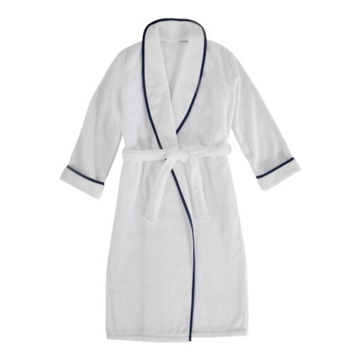 Turkish Plush Bathrobe with Piping in Small/Medium in White/Navy