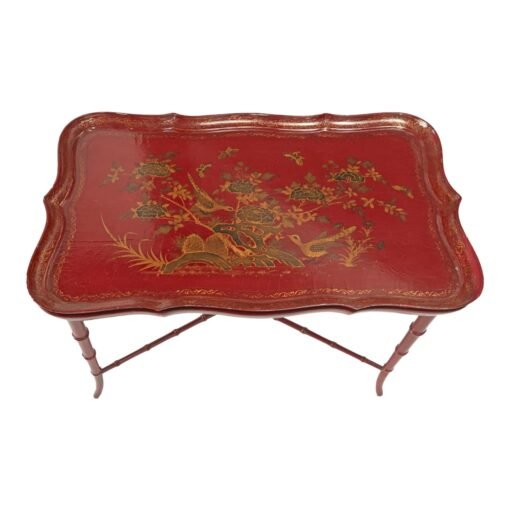 Vintage Red Chinoiserie Tray Top Faux Bamboo Coffee Cocktail Table - Image 2