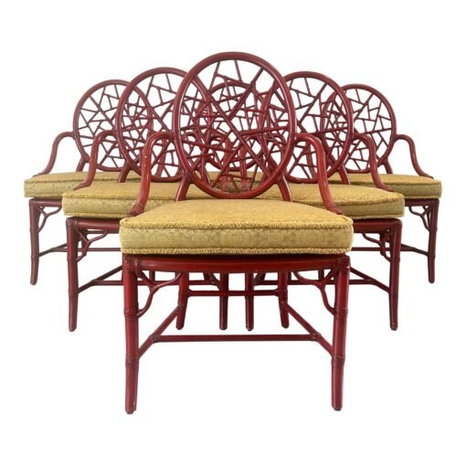 Vintage Red Rattan and Cane McGuire "Cracked Ice" Chippendale Dining Chairs- Set of 6 - Image 2