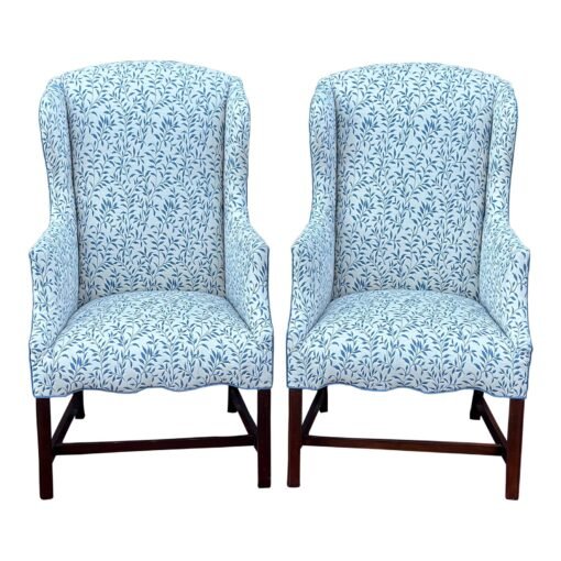 Vintage Slim Wingback Fireside Lounge Chairs in Blue & White Leaf Print - a Pair